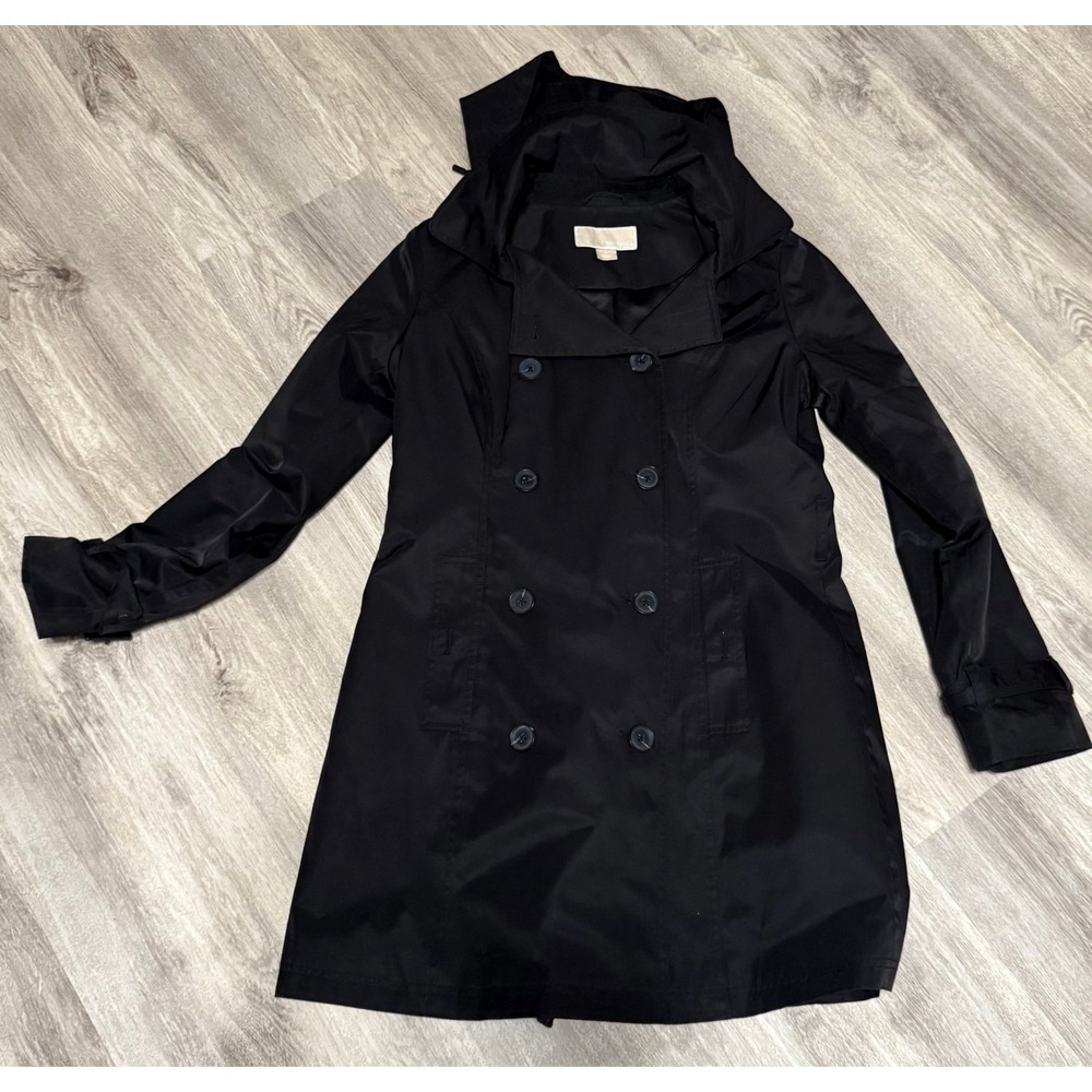 Michael Kors removable hooded double breast hooded trench coat long black small‎